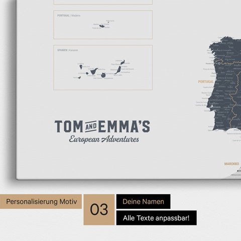 Europakarte zum Pinnen in Denim Blue mit Personalisierung im Vintage-Stil