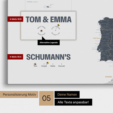 Europa-Karte in einem modernen Design in Denim Blue als Pinn-Leinwand mit Personalisierung als Logo mit einer Weltkugel