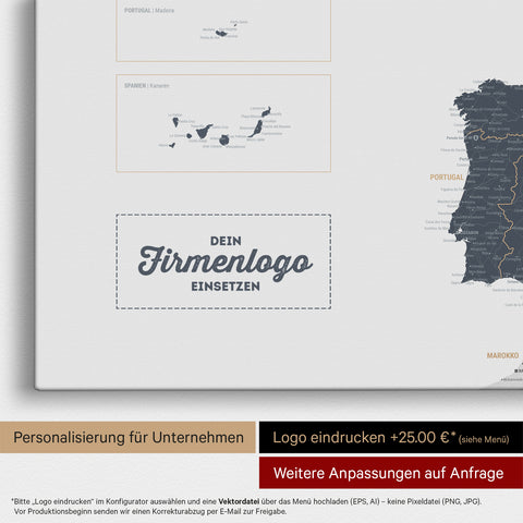 Europa Landkarte Pinnwand in Denim Blue mit Eindruck eines Firmenlogos für Unternehmen
