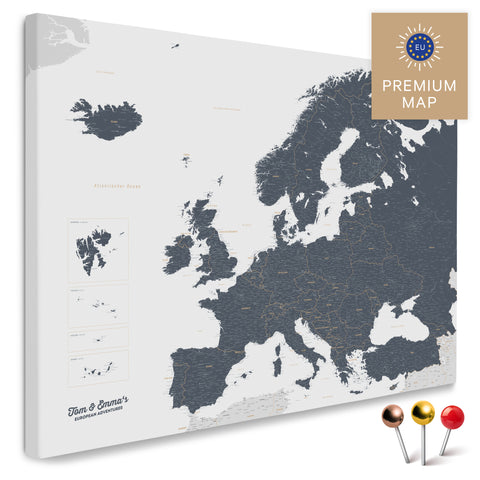 Europakarte in der Farbe Denim Blue in einem modernen, minimalistischem Design als Leinwand zum Pinnen von Reisen und Orten