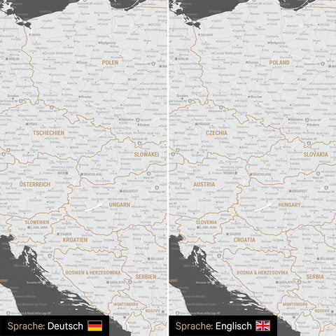 Europa Landkarte Design in Dunkelgrau wahlweise in deutscher oder englischer Sprache