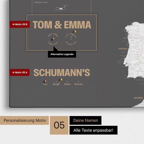 Europa-Karte in einem modernen Design in Dunkelgrau als Pinn-Leinwand mit Personalisierung als Logo mit einer Weltkugel