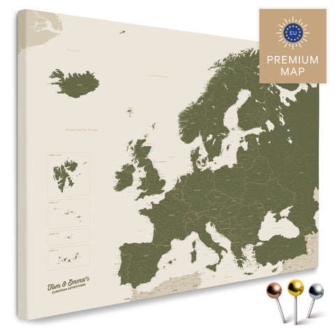 Europakarte in der Farbe Olive Grün in einem modernen, minimalistischem Design als Leinwand zum Pinnen von Reisen und Orten