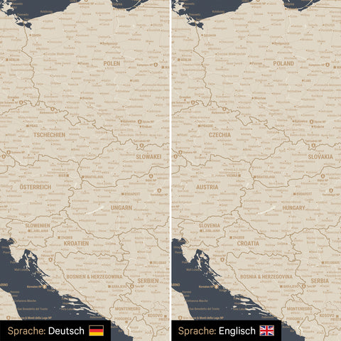 Europa Landkarte Design in Hale Navy (Blau-Gold) wahlweise in deutscher oder englischer Sprache