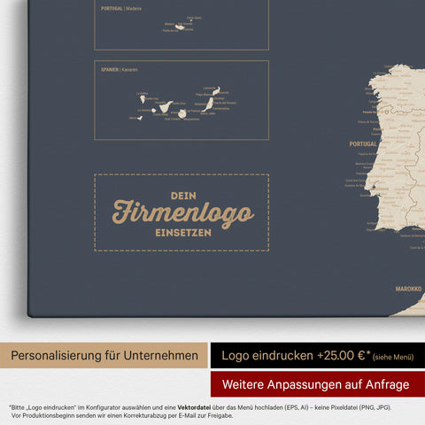 Europa Landkarte Pinnwand in Hale Navy (Blau-Gold) mit Eindruck eines Firmenlogos für Unternehmen