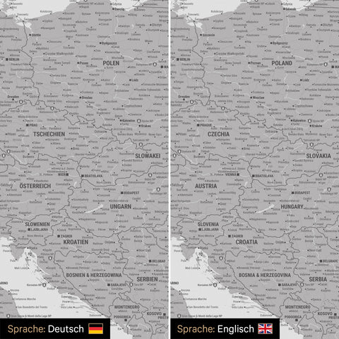 Europa Landkarte Design in Hellgrau wahlweise in deutscher oder englischer Sprache