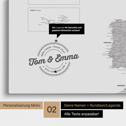 Europakarte Pinn-Leinwand in Hellgrau mit Personalisierung als rundes Logo, das eine Legende für bereits besuchte Reiseziele im Rundtext beinhaltet