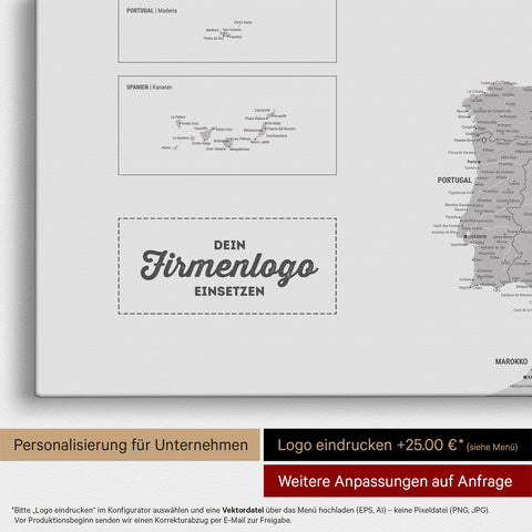 Europa Landkarte Pinnwand in Hellgrau mit Eindruck eines Firmenlogos für Unternehmen