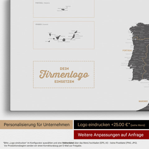Europa Landkarte Pinnwand in Light Gray mit Eindruck eines Firmenlogos für Unternehmen