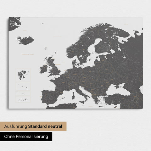 Neutrale Standard Ausführung der detaillierten Europakarte als Pinnwand Leinwand in Light Gray ohne Personalisierung