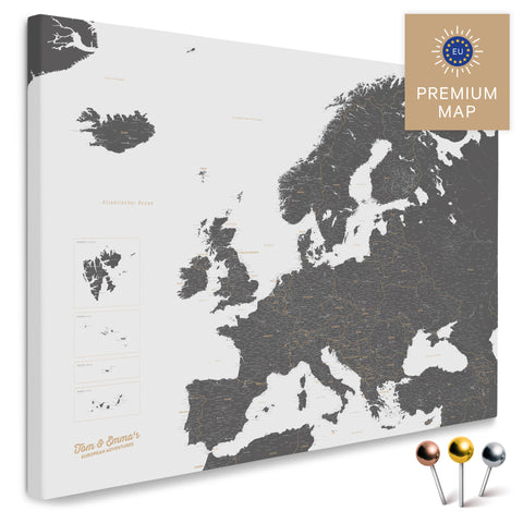 Europakarte in der Farbe Light Gray in einem modernen, minimalistischem Design als Leinwand zum Pinnen von Reisen und Orten