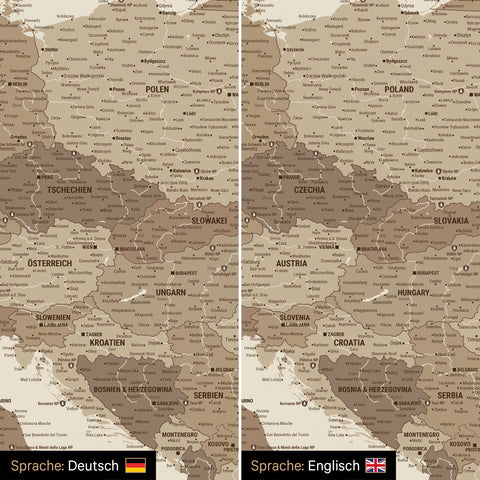 Europa Landkarte Design in Multicolor Braun wahlweise in deutscher oder englischer Sprache