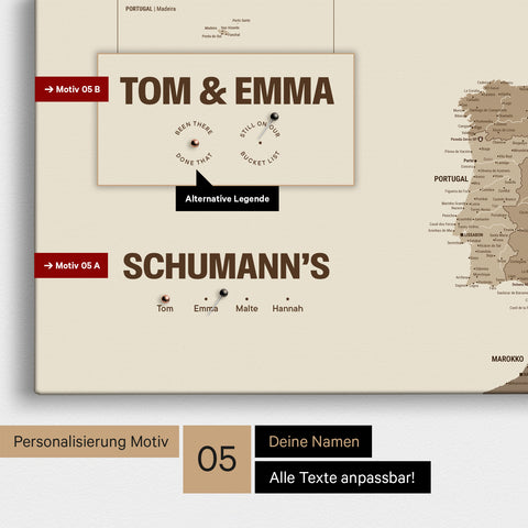 Europa-Karte in einem modernen Design in Multicolor Braun als Pinn-Leinwand mit Personalisierung als Logo mit einer Weltkugel