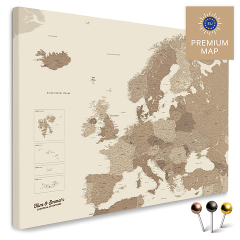 Europakarte in der Farbe Multicolor Braun in einem modernen, minimalistischem Design als Leinwand zum Pinnen von Reisen und Orten
