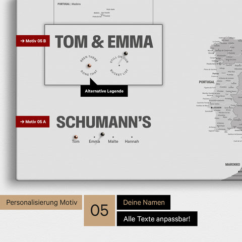 Europa-Karte in einem modernen Design in Multicolor Grau als Pinn-Leinwand mit Personalisierung als Logo mit einer Weltkugel