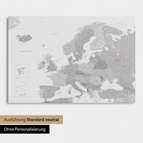 Neutrale Standard Ausführung der detaillierten Europakarte als Pinnwand Leinwand in Multicolor Grau ohne Personalisierung