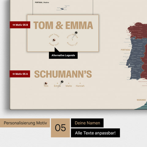 Europa-Karte in einem modernen Design in Multicolor Vivid als Pinn-Leinwand mit Personalisierung als Logo mit einer Weltkugel