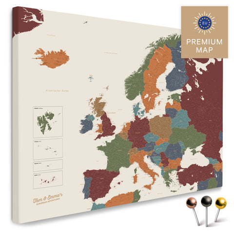 Europakarte in der Farbe Multicolor Vivid in einem modernen, minimalistischem Design als Leinwand zum Pinnen von Reisen und Orten