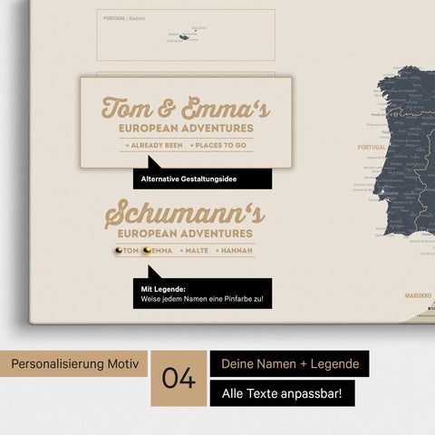 Europa Landkarte als Leinwand in Navy Light mit Personalisierung als Logo mit Familiennamen und Legende für Orte, die man bereits besucht hat und noch besuchen möchte