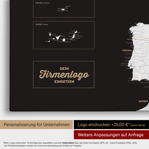 Europa Landkarte Pinnwand in Schwarz-Weiss mit Eindruck eines Firmenlogos für Unternehmen