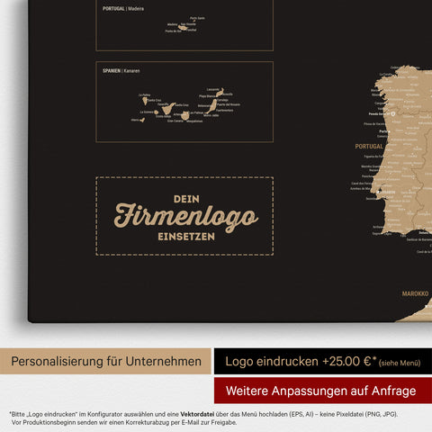 Europa Landkarte Pinnwand in Treasure Gold mit Eindruck eines Firmenlogos für Unternehmen