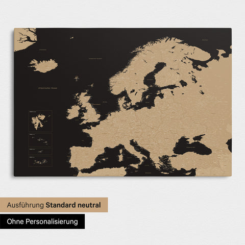 Neutrale Standard Ausführung der detaillierten Europakarte als Pinnwand Leinwand in Treasure Gold ohne Personalisierung