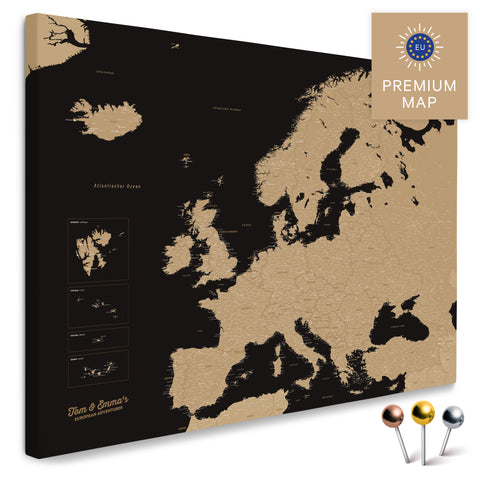 Europakarte in der Farbe Treasure Gold in einem modernen, minimalistischem Design als Leinwand zum Pinnen von Reisen und Orten