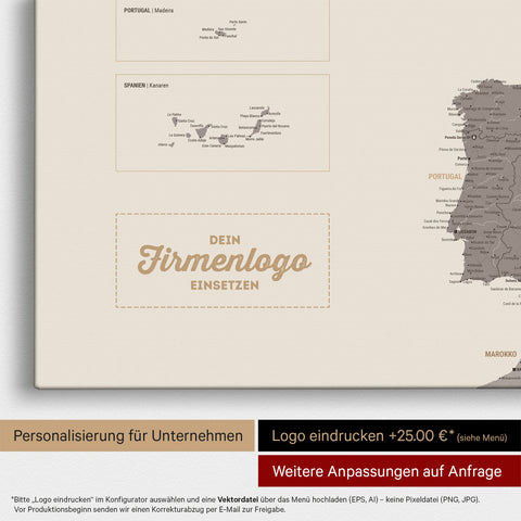 Europa Landkarte Pinnwand in Warmgray (Braun-Grau) mit Eindruck eines Firmenlogos für Unternehmen