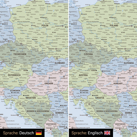 Politische Europa Landkarte Design in Multicolor Atlas wahlweise in deutscher oder englischer Sprache