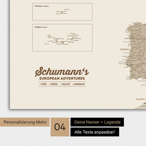 Europakarte als Poster in Desert Sand (Beige) mit Personalisierung als Logo mit Familiennamen und Legende für Orte, die man bereits besucht hat und noch besuchen möchte