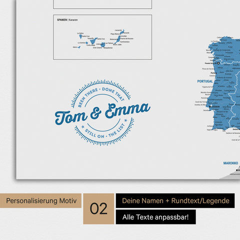Landkarte von Europa als Poster in Blau mit Personalisierung als rundes Logo, das eine Legende für bereits besuchte Reiseziele im Rundtext beinhaltet