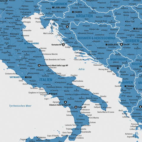 Europa Landkarte Poster in Blau zeigt einen Ausschnitt von England, Frankreich und Belgien