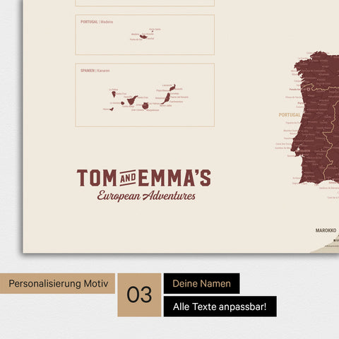 Europakarte Poster in Bordeaux Rot mit Personalisierung im Vintage-Stil
