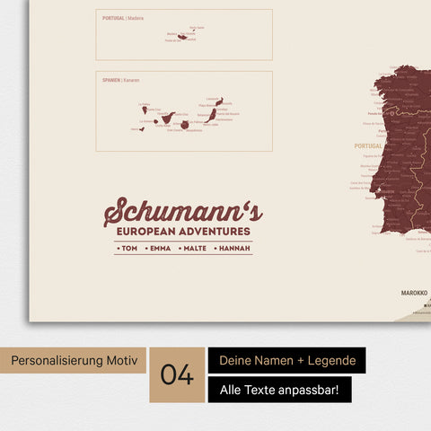 Europakarte als Poster in Bordeaux Rot mit Personalisierung als Logo mit Familiennamen und Legende für Orte, die man bereits besucht hat und noch besuchen möchte