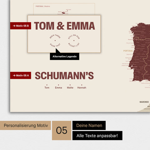 Europa Karte als Poster in Bordeaux Rot mit Personalisierung als Logo mit einer Weltkugel