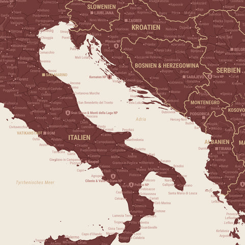 Europa Landkarte Poster in Bordeaux Rot zeigt einen Ausschnitt von England, Frankreich und Belgien