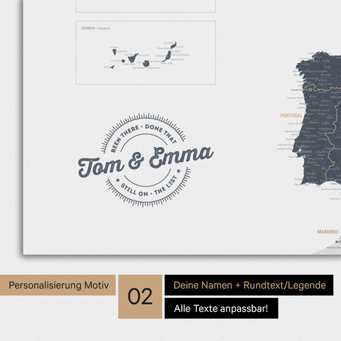 Landkarte von Europa als Poster in Denim Blue mit Personalisierung als rundes Logo, das eine Legende für bereits besuchte Reiseziele im Rundtext beinhaltet