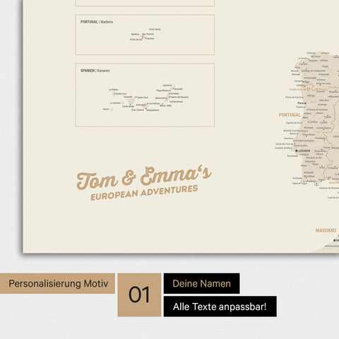 Europa Karte als Poster in Gold mit Personalisierung und Namen in einer modernen Schreibschrift