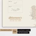 Europakarte als Poster in Gold mit Personalisierung als Logo mit Familiennamen und Legende für Orte, die man bereits besucht hat und noch besuchen möchte