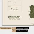 Europakarte als Poster in Grün mit Personalisierung als Logo mit Familiennamen und Legende für Orte, die man bereits besucht hat und noch besuchen möchte