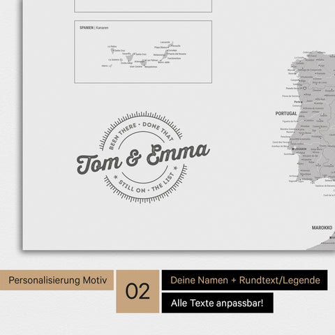 Landkarte von Europa als Poster in Hellgrau mit Personalisierung als rundes Logo, das eine Legende für bereits besuchte Reiseziele im Rundtext beinhaltet