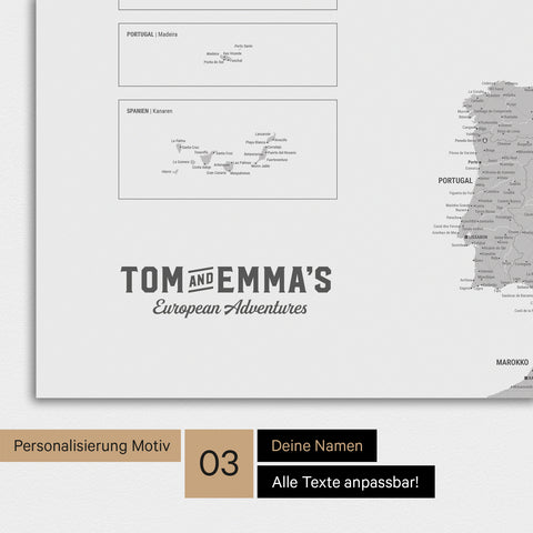 Europakarte Poster in Hellgrau mit Personalisierung im Vintage-Stil