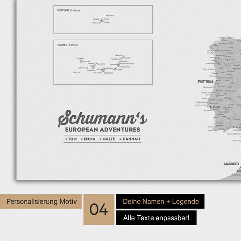 Europakarte als Poster in Hellgrau mit Personalisierung als Logo mit Familiennamen und Legende für Orte, die man bereits besucht hat und noch besuchen möchte