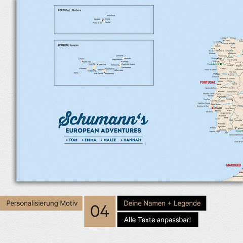 Europakarte als Poster in Multicolor Classic mit Personalisierung als Logo mit Familiennamen und Legende für Orte, die man bereits besucht hat und noch besuchen möchte