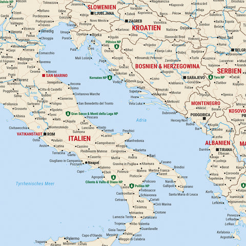 Moderne Europa Landkarte in der Farbe Multicolor Classic als Poster mit einem Ausschnitt von Italien, Kroatien und Griechenland