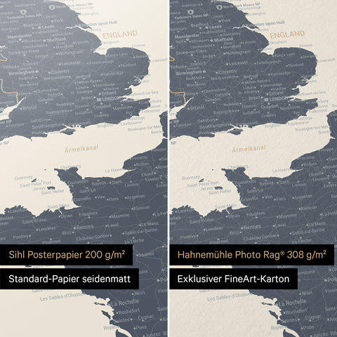Europakarte Poster in Navy Light, erhältlich in den Papiersorten Sihl Posterpapier seidenmatt oder Hahnemühle Photo Rag