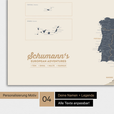 Europakarte als Poster in Navy Light mit Personalisierung als Logo mit Familiennamen und Legende für Orte, die man bereits besucht hat und noch besuchen möchte