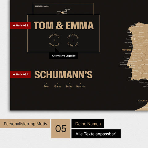 Europa Karte als Poster in Sonar Black (Schwarz-Gold) mit Personalisierung als Logo mit einer Weltkugel