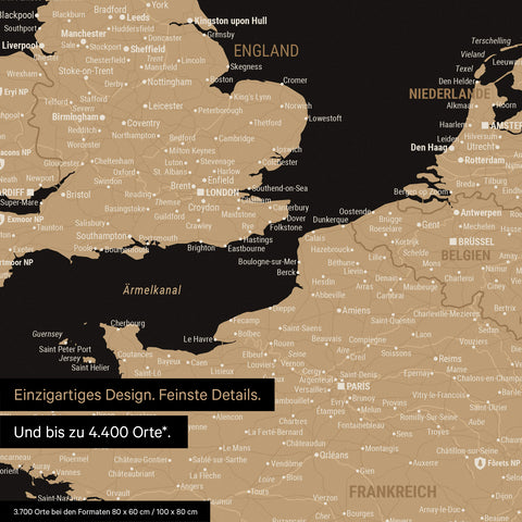 Moderne Europa Landkarte in der Farbe Sonar Black (Schwarz-Gold) als Poster mit einem Ausschnitt von Italien, Kroatien und Griechenland