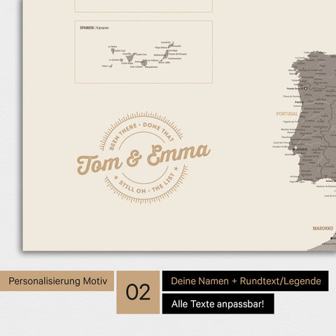 Landkarte von Europa als Poster in Warmgray (Braun-Grau) mit Personalisierung als rundes Logo, das eine Legende für bereits besuchte Reiseziele im Rundtext beinhaltet